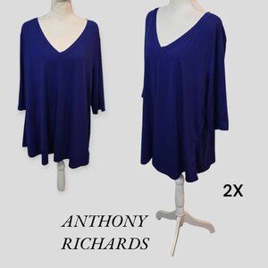 Anthony Richards Women's Blue Longsleeve V Neck Blouse Top Plus Size 2X